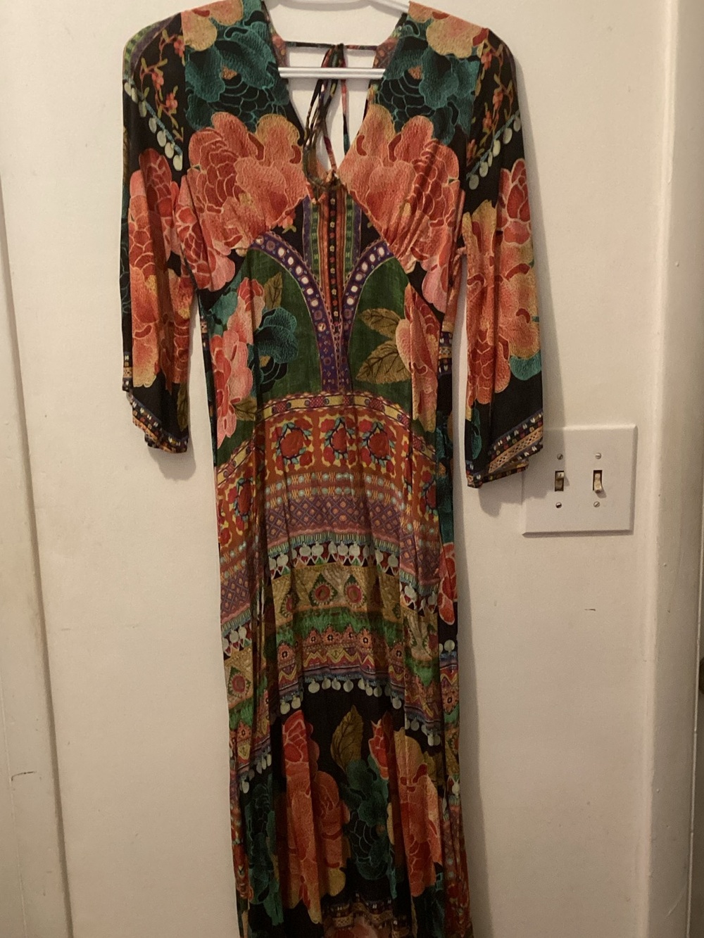 FARM Rio Black Maxi Dress with Coral, Green and Teal Floral Print